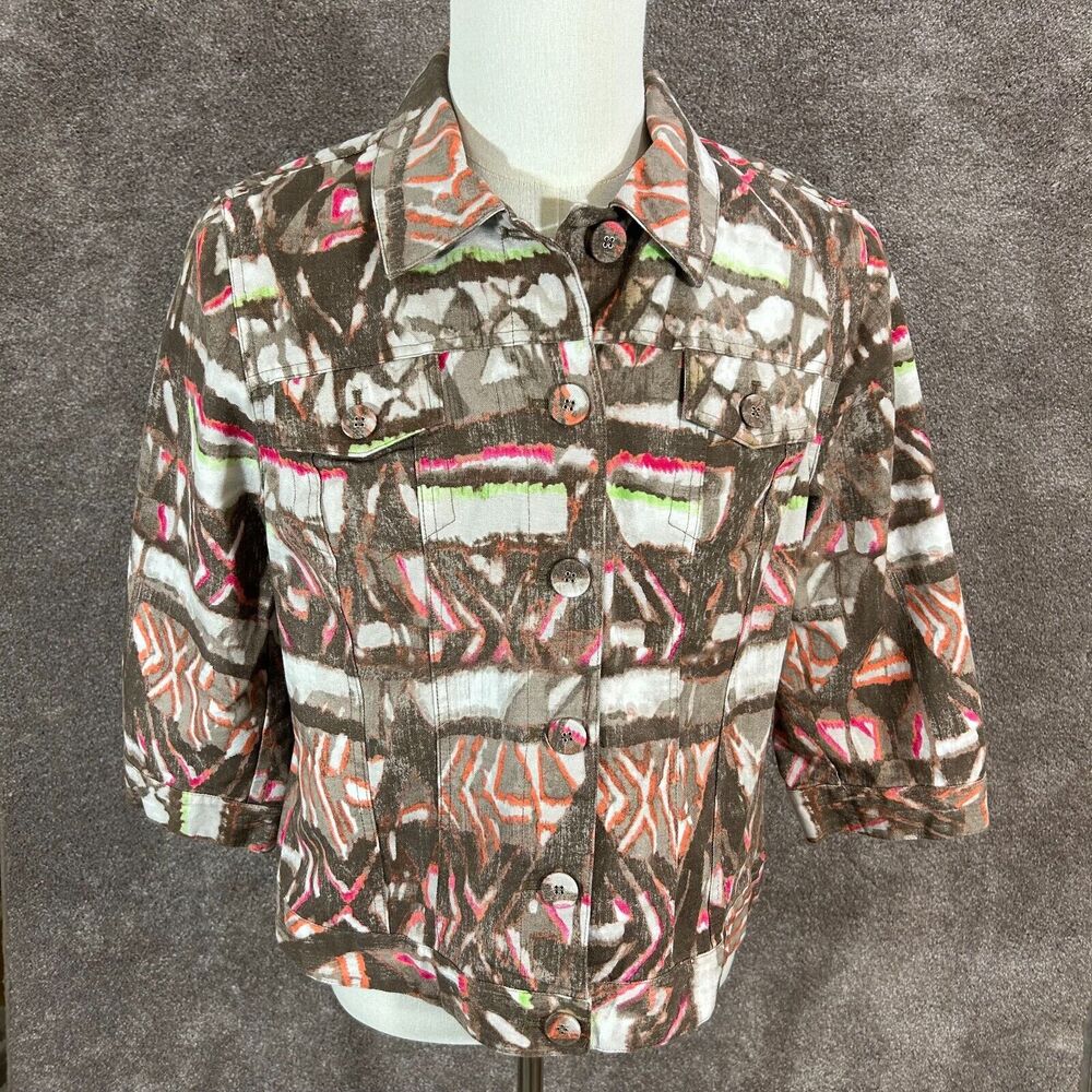 Chicos Jacket Womens‎ 2 Large 14 Brown Orange Pink Button Up 3/4 Sleeve Canvas
